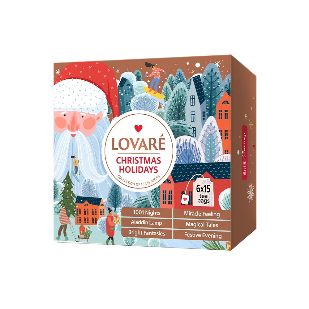 LOVARE Christmas Holidays, коледно асорти чай, подаръчен чай, коледен чай, асорти чай LOVARE, чай за подарък, подаръчен комплект чай, 6 вида чай, черен чай с плодове, ароматизиран чай, коледен подарък, подарък за любители на чай, LOVARE чай, празничен чай