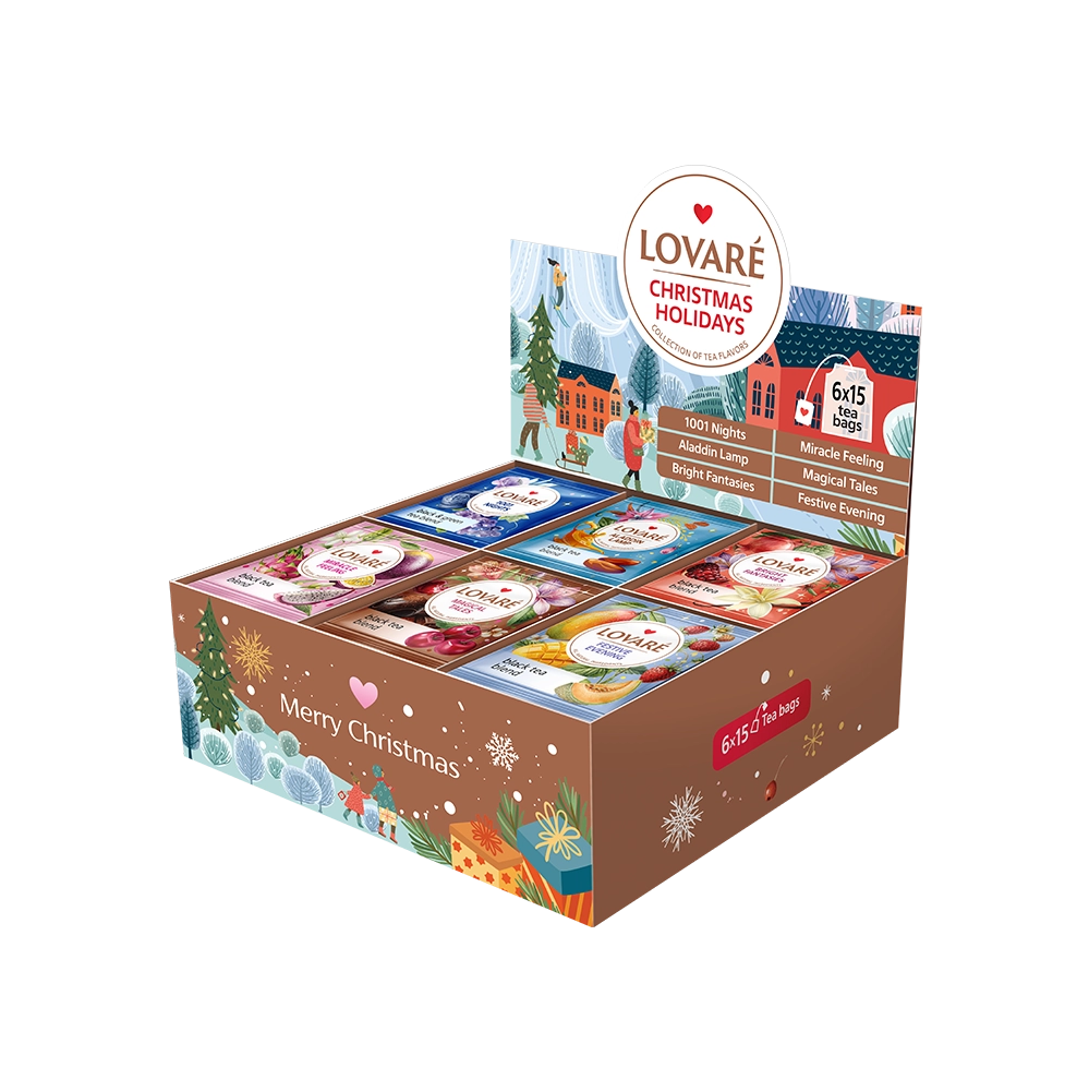 Чай Асорти LOVARE Christmas Holidays_2 LOVARE Christmas Holidays, коледно асорти чай, подаръчен чай, коледен чай, асорти чай LOVARE, чай за подарък, подаръчен комплект чай, 6 вида чай, черен чай с плодове, ароматизиран чай, коледен подарък, подарък за любители на чай, LOVARE чай, празничен чай
